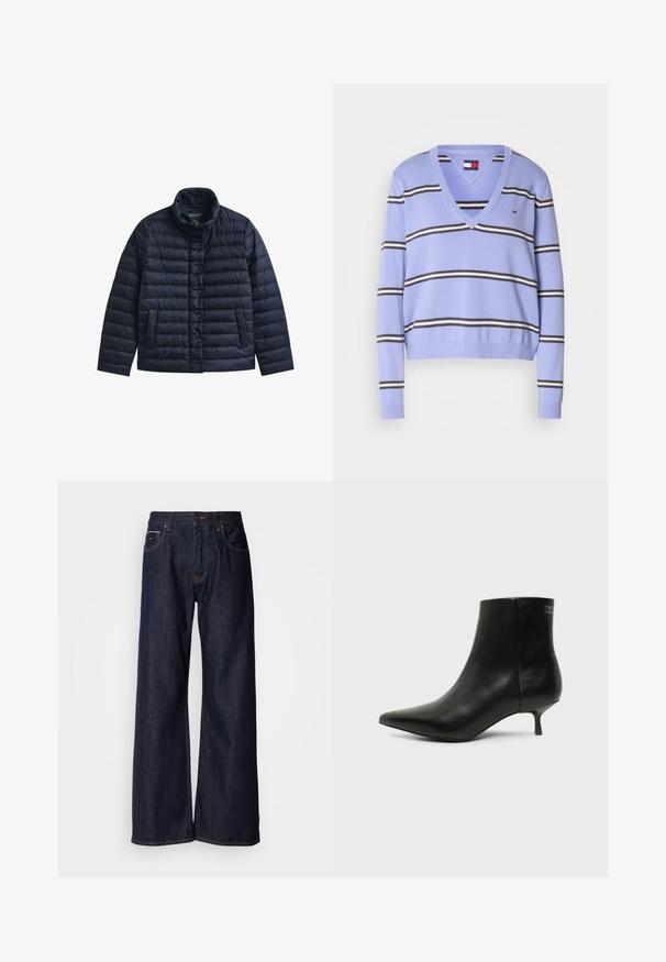 Chaqueta acolchada azul marino con cuello alto, botones a presión en la parte delantera y dos bolsillos frontales, diseñada para proporcionar calor y uso casual.; Suéter de cuello en V de color púrpura claro con rayas horizontales en negro y blanco, puños acanalados y un pequeño logo en el lado superior izquierdo.; Jeans de mezclilla oscura de pierna ancha con una cintura alta, con bolsillos frontales y detalles de costura sutiles. Textura suave con un corte clásico.; Botín de piel negra con puntera puntiaguda y tacón bajo estilo kitten sobre fondo claro, mostrando vista lateral exterior.