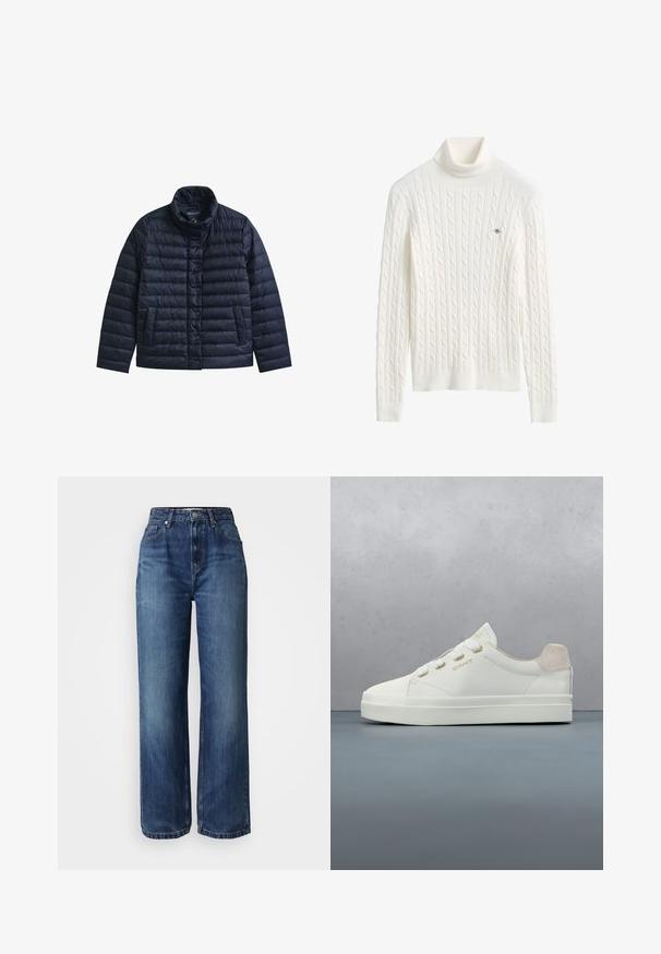 Chaqueta acolchada azul marino con cuello alto, botones a presión en la parte delantera y dos bolsillos frontales, diseñada para proporcionar calor y uso casual.; Jersey de cuello alto de punto cable blanco con mangas largas y un pequeño logo bordado en el pecho.; Jeans de mezclilla azul de pierna ancha con una cintura alta, que cuentan con un estilo clásico de cinco bolsillos y un ligero desvanecimiento. Terminado con un cierre de cremallera y botón.; Zapatilla blanca de GANT con ojales y logo dorados, flotando sobre losetas de madera y pequeñas piedras, con una planta verde y una pared de concreto de fondo.