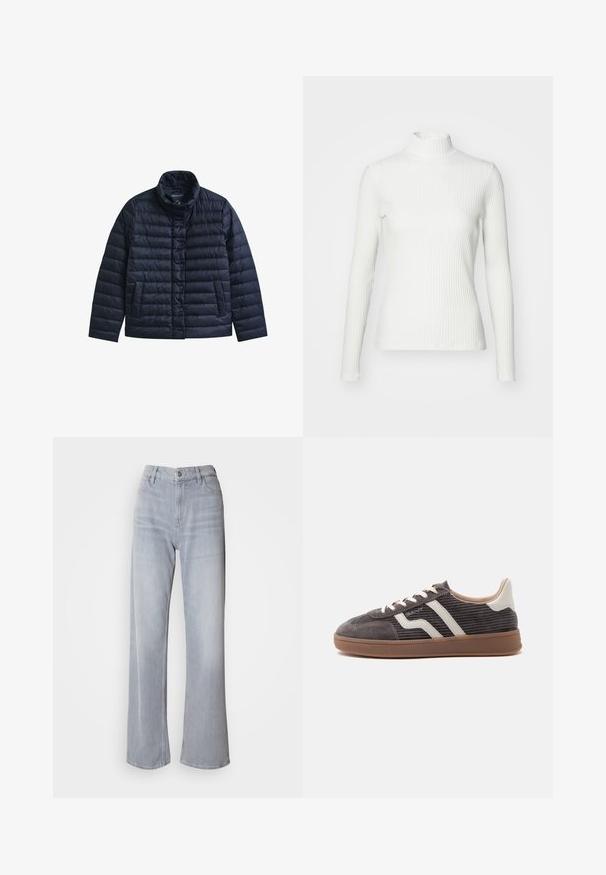 Chaqueta acolchada azul marino con cuello alto, botones a presión en la parte delantera y dos bolsillos frontales, diseñada para proporcionar calor y uso casual.; Top de cuello alto blanco con canalé y mangas largas, fabricado en una tela elástica. Presenta un diseño ajustado y un escote alto para mayor cobertura.; Jeans de pernera ancha en gris claro, con cintura alta, hechos de denim. Presentan bolsillos frontales, cremallera y un leve desvanecimiento por toda la prenda.; Zapatilla deportiva individual de color gris oscuro con detalles en cuero blanco, laterales texturizados, cordones blancos y suela de goma marrón, mostrada de perfil sobre un fondo liso.