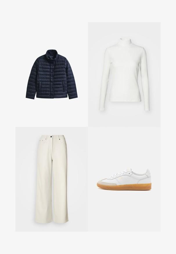 Veste matelassée bleu marine avec col montant, boutons-pression à l’avant et deux poches avant, conçue pour la chaleur et un usage décontracté.; Haut col roulé blanc à côtes avec des manches longues, fabriqué en tissu extensible. Présente un design ajusté et un encolure haute pour plus de couverture.; Pantalons larges de couleur crème en tissu lisse. Dotés d'une taille mi-haute, d'une fermeture éclair et de deux poches avant avec des accents en matériel noir.; Baskets en cuir blanc avec des accents en suédine beige, semelle en caoutchouc gomme et design à lacets. Présente un logo discret en doré.