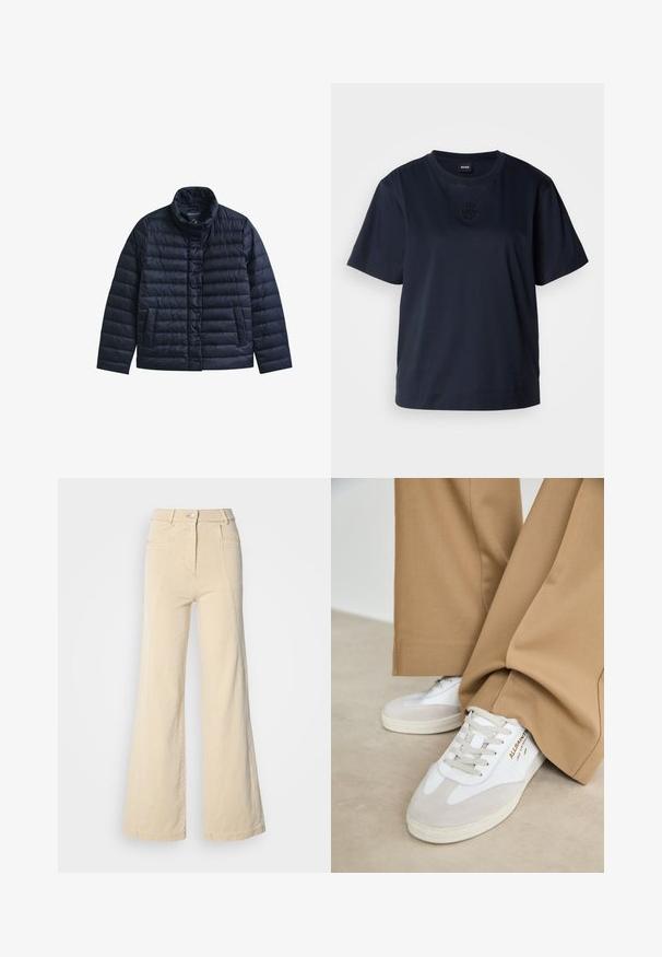 Chaqueta acolchada azul marino con cuello alto, botones a presión en la parte delantera y dos bolsillos frontales, diseñada para proporcionar calor y uso casual.; Camiseta de manga corta azul marino hecha de algodón suave. Presenta un cuello redondeado y un sutil logo bordado en el pecho.; Jeans beige de pierna ancha con cintura alta, bolsillos frontales y costuras en contraste, con cierre de botón y una textura de algodón suave.; Zapatillas blancas con detalles de ante, cordones texturizados y suela de goma. Combinadas con un pantalón suelto en tono marrón claro. Logo exhibido en el lateral.