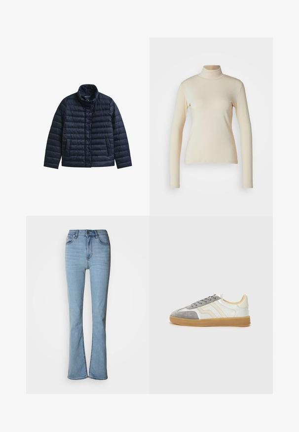 Veste matelassée bleu marine avec col montant, boutons-pression à l’avant et deux poches avant, conçue pour la chaleur et un usage décontracté.; Haut à col roulé à manches longues de couleur crème, fabriqué en tissu lisse et extensible ; design ajusté avec un col haut et sans motifs ni accents visibles.; Jean en denim bleu clair avec taille haute, jambes droites et détail d'ourlet fendu aux chevilles. Comprend cinq poches et une fermeture à boutons.; Baskets avec une tige en cuir blanc, une coque en suède gris et une semelle en caoutchouc. Comprend des lacets gris et un branding subtil sur le côté.