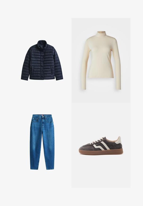 Chaqueta acolchada azul marino con cuello alto, botones a presión en la parte delantera y dos bolsillos frontales, diseñada para proporcionar calor y uso casual.; Top de manga larga de color crema con cuello alto, hecho de una tela suave y elástica; diseño ajustado con cuello alto y sin patrones o acentos visibles.; Jeans de mezclilla azul con un diseño de pierna recta, cinco bolsillos, cierre de botón y cremallera, y un ligero desgaste que añade variación de textura.; Zapatilla deportiva individual de color gris oscuro con detalles en cuero blanco, laterales texturizados, cordones blancos y suela de goma marrón, mostrada de perfil sobre un fondo liso.