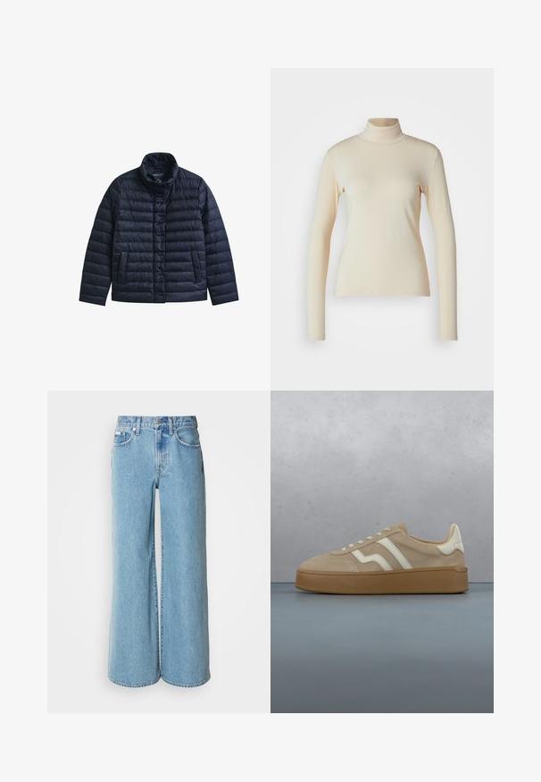 Veste matelassée bleu marine avec col montant, boutons-pression à l’avant et deux poches avant, conçue pour la chaleur et un usage décontracté.; Haut à col roulé à manches longues de couleur crème, fabriqué en tissu lisse et extensible ; design ajusté avec un col haut et sans motifs ni accents visibles.; Jean large bleu clair en denim, avec une taille haute, un design à cinq poches et un léger dégradé sur le tissu.; Baskets en daim beige avec accents en cuir blanc, design à lacets, et semelle en caoutchouc texturée. Présentées au-dessus d'une surface en bois.