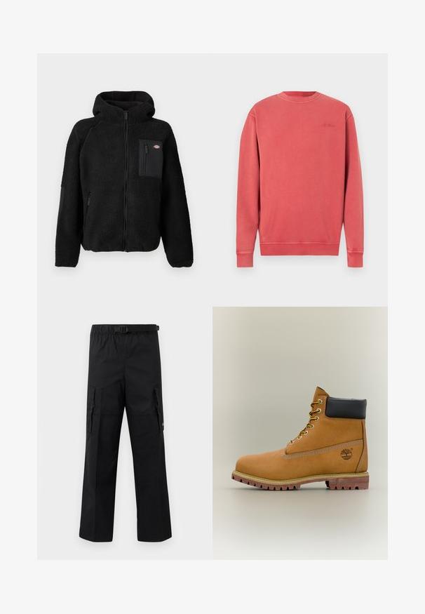 Schwarze Fleecejacke mit Kapuze, Reißverschluss und Brusttasche. Besitzt ein strukturiertes, gemütliches Material und solide schwarze Akzentpaneele.; Korallenfarbenes Sweatshirt mit meliertem Muster, Rundhalsausschnitt, langen Ärmeln, gerippten Bündchen und Saum. Verfügt über ein dezentes, eingeprägtes Logo auf der Brust. Weiches Baumwollmischgewebe.; Schwarze Cargo-Hosen mit weitem Schnitt, verstellbarem Bund mit Schnalle und zwei Seitentaschen zur Aufbewahrung. Leichtes Material.; Brauner Leder-Stiefelette mit schwarzem Kragen, gelben Schnürsenkeln und hellbrauner Sohle. Verfügt über ein Logo und weiße Ziernähe. Robuste Profilsohle.