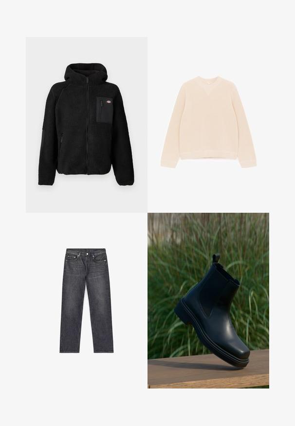 Sort fleecejakke med hætte, lynlåslukninger og en brystlomme. Har et struktureret, hyggeligt materiale og solide sorte akcentpaneler.; Linned strikpullover i lys beige. Har rund halsudskæring, lange ærmer, ribbet tekstur og en lige kant med ribdetaljer.; Mørkegrå denimjeans med lige ben, fem lommer, øverste knap og subtil udtoning på lårene. Ren design, uden pynt.; Sorte læder Chelsea støvler med elastiske sider, rund tå, lav hæl og en strop bagpå, mod en sløret grøn baggrund.