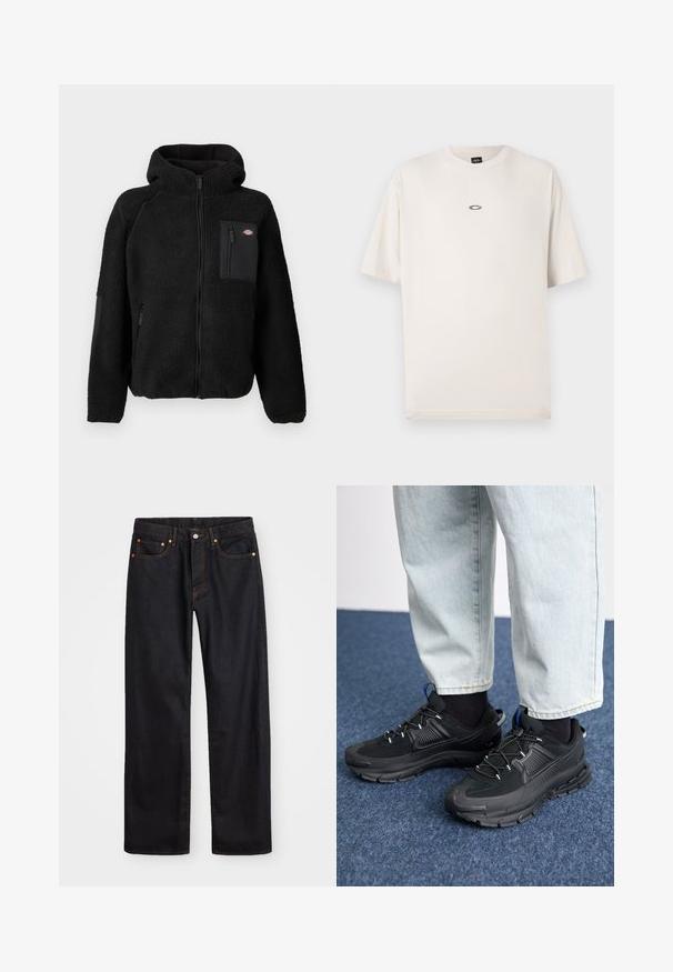 Sort fleecejakke med hætte, lynlåslukninger og en brystlomme. Har et struktureret, hyggeligt materiale og solide sorte akcentpaneler.; Oakley RISE TEE - T-shirts basic - mist; Mænds lige ben sorte denim jeans med fem lommer og orange syninger, knap- og lynlåslukning foran på taljen.; Sorte træningssko med tekstureret stof og gummisåler, udstyret med elastiske snørebånd og en blå detalje på hælen. Bæres med lyse denimbukser.