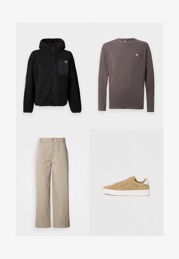 Schwarze Fleecejacke mit Kapuze, Reißverschluss und Brusttasche. Besitzt ein strukturiertes, gemütliches Material und solide schwarze Akzentpaneele.; Langärmliges graues T-Shirt aus Baumwolle mit einem kleinen Logo auf der linken Brust. Rundhalsausschnitt und normale Passform mit glatter Textur.; Beige Hosen mit weitem Bein aus Baumwolle; mit vorderen aufgesetzten Taschen, einem Knopfverschluss und sichtbaren Nähten entlang der Säume.; Beige Wildlederschuhe mit einer weißen Gummisohle, runder Zehenpartie, flachen Schnürsenkeln und einem dezenten Logo an der Seite. Glatte Textur und minimalistisches Design.