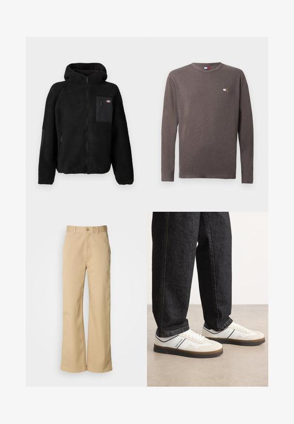 Schwarze Fleecejacke mit Kapuze, Reißverschluss und Brusttasche. Besitzt ein strukturiertes, gemütliches Material und solide schwarze Akzentpaneele.; Langärmliges graues T-Shirt aus Baumwolle mit einem kleinen Logo auf der linken Brust. Rundhalsausschnitt und normale Passform mit glatter Textur.; Beige, weit geschnittene Hosen aus einer Baumwollmischung. Mit einem Knopfverschluss und Gürtelschlaufen. Glatte Textur mit minimalen Nähten.; Weiße und hellgraue Sneakers mit einem strukturierten Obermaterial aus Wildleder und Leder, brauner Gummisohle und navyblauem Akzentstreifen. Getragen mit dunklen Jeans.