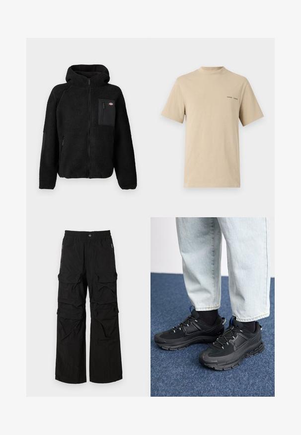 Zwarte fleecejack met een capuchon, ritssluitingen en een borstzak. Beschikt over een gestructureerd, comfortabel materiaal en effen zwarte accenten.; Beige katoenen t-shirt met een ronde halslijn en korte mouwen. Beschikt over een subtiele zwarte "SAMSOE" tekstlogo op de borst.; Zwarte cargobroek met een elastische tailleband, meerdere grote zakken en ritszakken aan de zijkant. Gemaakt van lichte, gestructureerde stof.; Zwarte sportschoenen met gestructureerde stof en rubberen zolen, met elastische veters en een blauwe accent op de hiel. Draag samen met lichte spijkerbroeken.