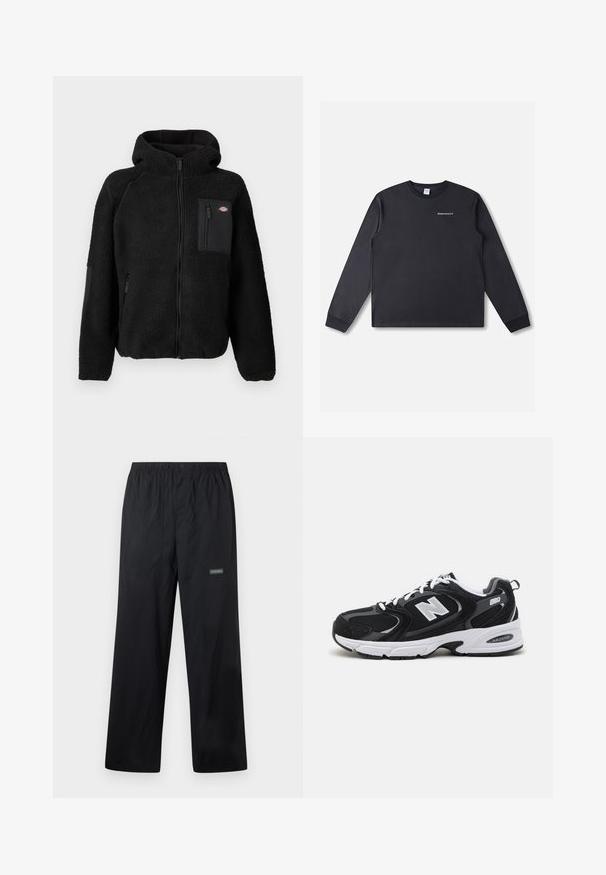 Schwarze Fleecejacke mit Kapuze, Reißverschluss und Brusttasche. Besitzt ein strukturiertes, gemütliches Material und solide schwarze Akzentpaneele.; Schwarzes Langarm-T-Shirt aus Baumwolle. Verfügt über einen Rundhalsausschnitt und den in Weiß aufgedruckten Schriftzug "RHTHM PROJECTS" auf der Vorderseite.; Schwarze, leichte Outdoor-Hose mit elastischem Bund, vorderem Knopf, zwei Fronttaschen und kleinem Columbia-Logo am rechten Oberschenkel.; Schwarze und graue Sportschuhe mit Obermaterial aus Mesh und Wildleder, ausgestattet mit einer weißen Zwischensohle, Schnürsenkeln und einem markanten "N"-Logo an der Seite.