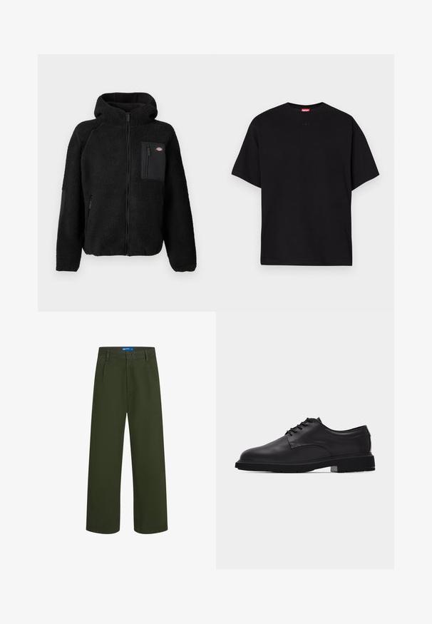 Schwarze Fleecejacke mit Kapuze, Reißverschluss und Brusttasche. Besitzt ein strukturiertes, gemütliches Material und solide schwarze Akzentpaneele.; Schwarzes Baumwoll-T-Shirt mit rundem Halsausschnitt, kurzen Ärmeln und einem kleinen geprägten Logo auf der Vorderseite. Glatte Textur, lässiges Design.; Olivgrüne weite Hosen aus leichtem Stoff, mit einem Knopfverschluss, Gürtelschlaufen und zwei seitlichen Taschen.; Schwarzer Herrenschuh aus Leder mit Schnürung, glatter Oberfläche und dicker Gummisohle, im Profil auf weißem Hintergrund gezeigt.