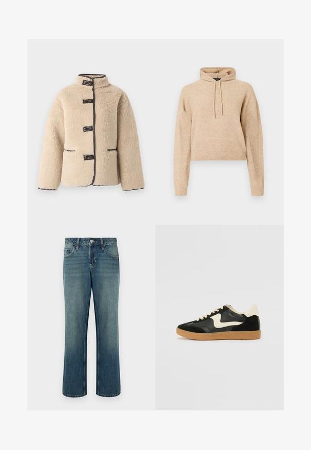 Veste en fausse fourrure couleur crème avec un col montant, fermeture à boutons et bordure sombre. Comprend deux poches avant et une silhouette carrée.; Haut de sweat en maille beige, cropped, avec des manches longues et une capuche à cordons, présenté sur fond blanc.; Jean en denim bleu à coupe droite, taille mi-haute, cinq poches et légère décoloration. Fermeture par bouton et passants pour ceinture inclus.; Baskets en daim et cuir noir avec un swoosh latéral crème et un talon crème clair. Dotées de lacets beige et d'une semelle en caoutchouc gomme.