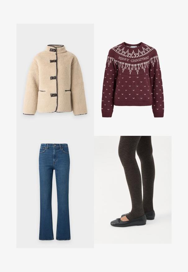 Veste en fausse fourrure couleur crème avec un col montant, fermeture à boutons et bordure sombre. Comprend deux poches avant et une silhouette carrée.; Pull bordeaux à encolure ronde avec le texte blanc "MERRY CHRISTMAS" et un motif de flocon de neige tricoté sur le yoke et le corps.; Jeans taille haute à jambes évasées en denim bleu foncé. Dotés d'un design classique à cinq poches, de rivets en cuivre et d'une finition texturée avec un léger effet délavé.; Jambes portant des leggings côtelés foncés associés à des ballerines noires avec de petits détails en nœud sur fond blanc.