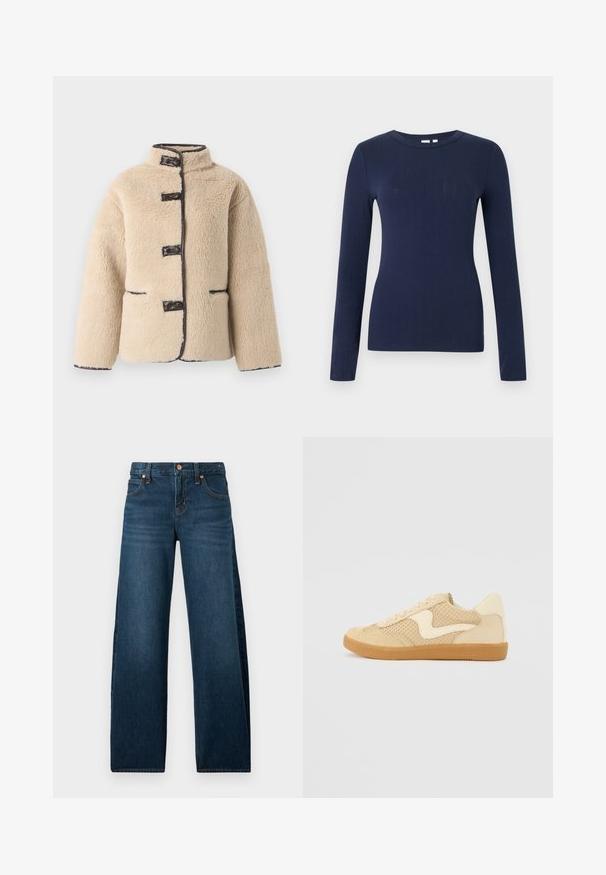 Veste en fausse fourrure couleur crème avec un col montant, fermeture à boutons et bordure sombre. Comprend deux poches avant et une silhouette carrée.; Haut à manches longues côtelé bleu marine avec encolure ronde, coupe ajustée et ourlet sans couture sur un fond blanc uni.; Jean en denim bleu foncé à coupe droite avec cinq poches et rivets en cuivre, présenté sur un fond blanc.; Sneaker beige avec des matériaux en daim et en maille, forme arrondie, col rembourré proéminent et semelle en caoutchouc gomme. Présente un accent de design en forme de vague.
