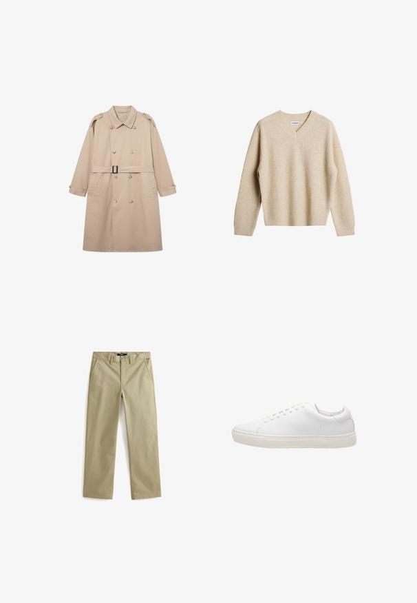 Gabardina beige con un frente de doble botonadura, amplio cuello, cinturón en la cintura y puños abotonados. Tejido liso con textura mínima.; Suéter de punto acanalado beige con escote en V y mangas largas. Presenta un ajuste relajado y una tela texturizada para mayor calidez y comodidad.; Chinos de algodón beige con un diseño de pierna recta, que cuentan con dos bolsillos frontales y un cierre de botón clásico. Textura suave, acentos mínimos.; Zapatilla de cuero blanco con textura suave, puntera redonda, cierre de cordones y suela de goma plana. Diseño minimalista sin patrones visibles.