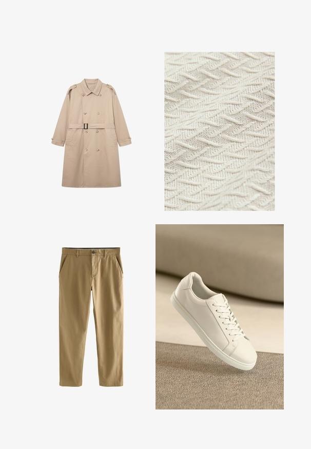 Beige trenchcoat med dobbeltbrystet front, bred krave, bælte i taljen og knaplukning ved ærmerne. Glat stof med minimal struktur.; Tekstureret stof i cremefarve med et zigzag-mønster og hævede tråde for ekstra dybde og dimension. Letvægts- og blød tekstur.; Beige afslappede bukser med knap- og lynlås-lukning, bæltestropper og forlommer, vist på hvid baggrund.; Hvide lædersneakers med hvide snørebånd, præsenteret på en beige tekstureret overflade og med en blødt uskarp baggrund.