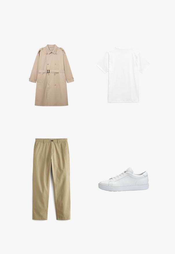 Beige trenchcoat med dobbeltbrystet front, bred krave, bælte i taljen og knaplukning ved ærmerne. Glat stof med minimal struktur.; Hvid bomulds t-shirt med korte ærmer og rund halsudskæring. Stoffet ser glat ud uden mønstre eller synlig hardware.; Beige bukser lavet af en bomuldsblanding, med knaplukning, to forlommer og lige ben med minimal tekstur.; Hvid low-top lædersneaker med en tyk sål, snørelukning og minimale syningsdetaljer, vist i profil mod en hvid baggrund.