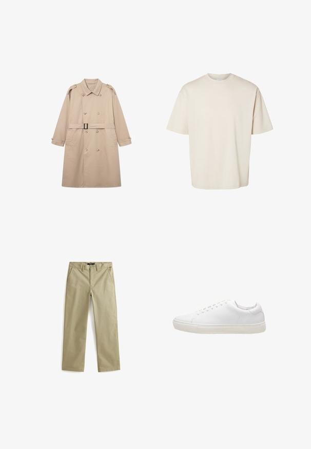 Beige trenchcoat med dobbeltbrystet front, bred krave, bælte i taljen og knaplukning ved ærmerne. Glat stof med minimal struktur.; Simpel beige kortærmet oversize bomuld t-shirt med rund halsudskæring, vist fladt på hvid baggrund.; Beige bomulds chinos med lige ben design, der har to forlommer og en klassisk knaplukning. Glat tekstur, minimale detaljer.; Hvide lædersneakers med en glat overflade, rund tå, snørebåndslukning og flad gummisål. Minimalistisk design uden synlige mønstre.
