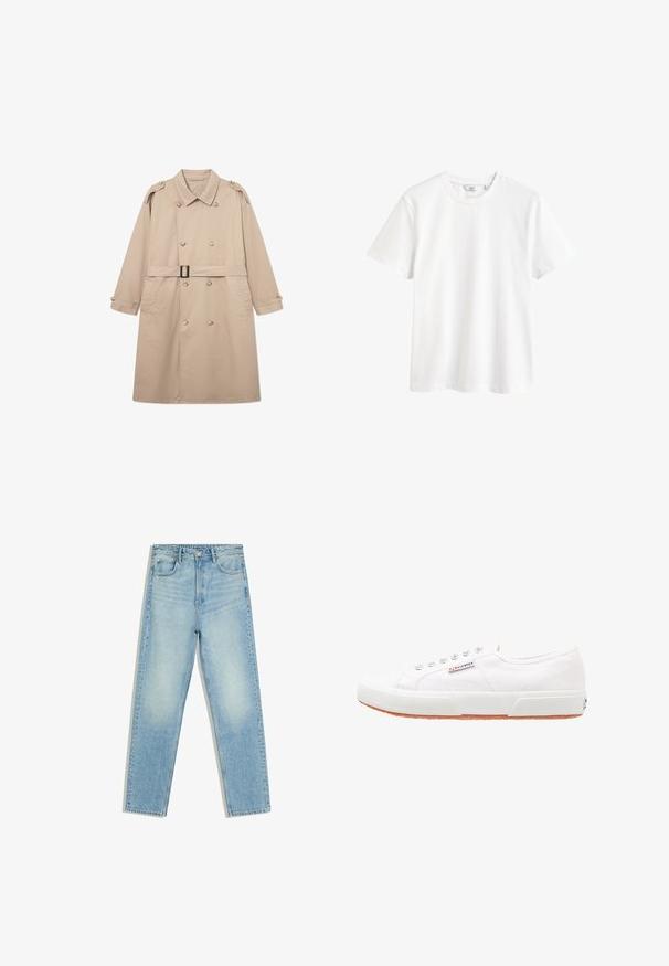 Beige Trenchcoat mit doppelreihiger Vorderseite, breitem Kragen, Gürtel in der Taille und geknöpften Manschetten. Glattes Gewebe mit minimaler Textur.; Schlichtes weißes Kurzarm-T-Shirt mit Rundhalsausschnitt und kleinem Markenlabel innen im Kragen.; Hellblaue Jeans mit hoher Taille und geradem Bein, mit Taschen vorne und hinten sowie Knopfverschluss vor weißem Hintergrund.; Weiße Leinensneaker mit Gummisohle, Schnürdesign und einem kleinen Logolabel an der Seite. Strukturierte weiße Oberseite und braune Außensohle.