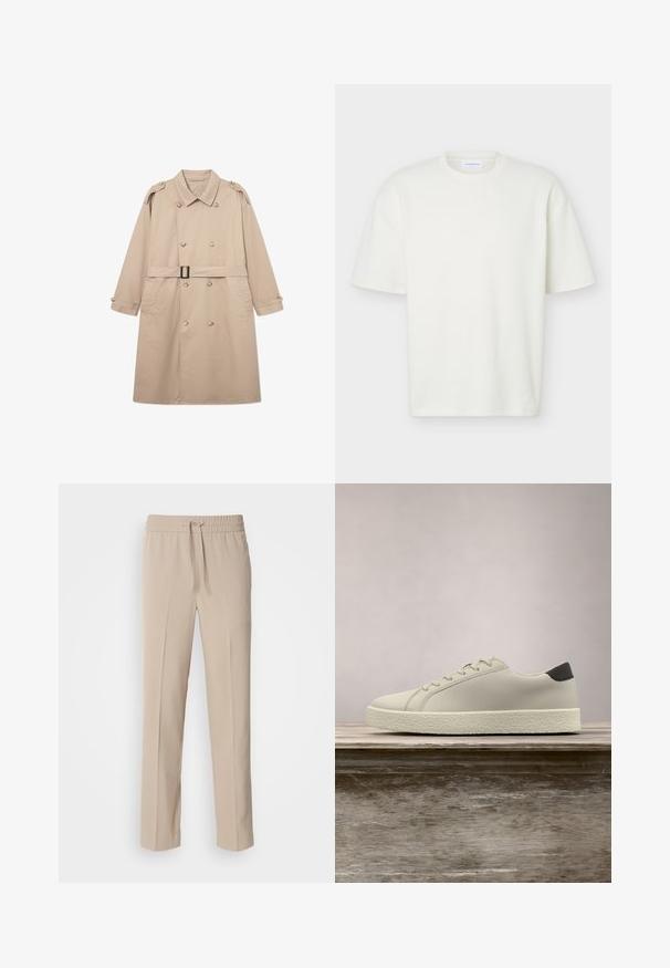 Gabardina beige con un frente de doble botonadura, amplio cuello, cinturón en la cintura y puños abotonados. Tejido liso con textura mínima.; Camiseta blanca de manga corta con textura, cuello redondo, ajuste regular y una pequeña etiqueta de marca dentro del cuello.; Pantalones beige de corte relajado, hechos de una tela suave, con una cinturilla elástica y cordón ajustable, y piernas rectas con acentos mínimos.; Zapatilla blanca con suela texturizada y detalle negro en el talón, flotando sobre un banco de madera con hierba alta y verde de fondo.