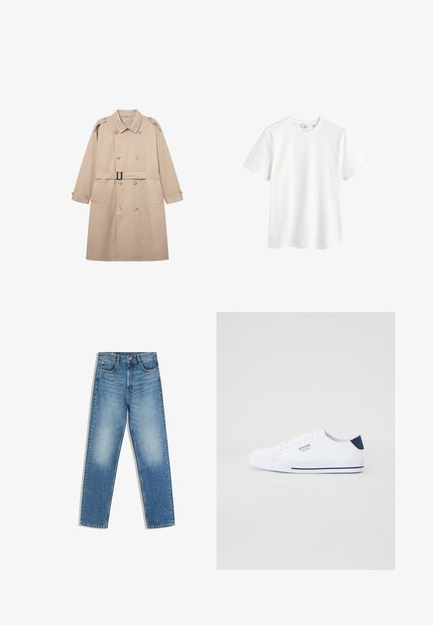 Beige trenchcoat med dobbeltbrystet front, bred krave, bælte i taljen og knaplukning ved ærmerne. Glat stof med minimal struktur.; Hvid bomulds t-shirt med rund hals, korte ærmer og en afslappet pasform. Glat tekstur uden synlige mønstre eller detaljer.; Blå denimjeans med høj talje, forreste knap og lynlås, to forlommer og falmede områder på lår og knæ.; Hvide kanvas sneakers med en marineblå hælaccents, flad gummisål, rund tå og hvide snørebånd. Har logo på siden.