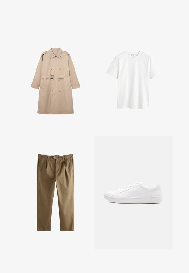 Beige trenchcoat med dobbeltbrystet front, bred krave, bælte i taljen og knaplukning ved ærmerne. Glat stof med minimal struktur.; Hvid bomulds t-shirt med rund hals, korte ærmer og en afslappet pasform. Glat tekstur uden synlige mønstre eller detaljer.; Khaki chinos med lige snit, der har to frontfolder, knaplukning og sidelommer. Fremstillet af en glat bomuldsblanding.; Hvid lavtop-sneaker med snørelukning, glat læderoverdel og tyk gummisål vist i sideprofil mod en ensfarvet baggrund.
