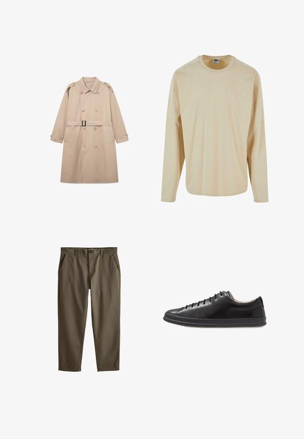 Beige trenchcoat med dobbeltbrystet front, bred krave, bælte i taljen og knaplukning ved ærmerne. Glat stof med minimal struktur.; Beige langærmet skjorte lavet af blødt, glat stof. Har en rund halsudskæring og en afslappet pasform med sænkede skuldre.; Khaki chinos lavet af glat bomuld, med frontlommer, lynlås og knaplukning. Lige snit med tætsiddende ankler.; Sorte læder sneakers har en rund tå, minimal snøring, en glat tekstur og en kontrastfarvet hvid gummisål. Subtil branding er synlig.