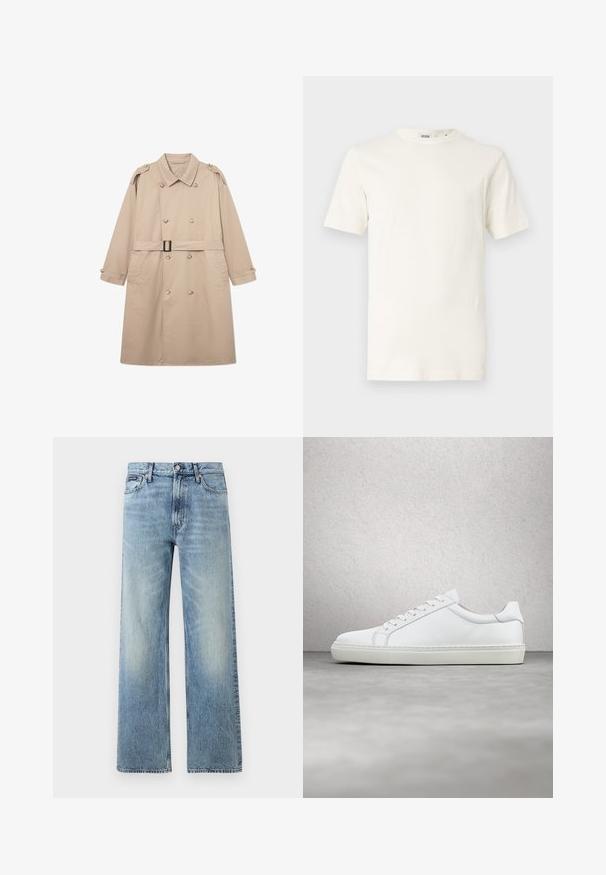 Manteau beige en trench avec un devant croisé, large col, ceinture à la taille et poignets à boutons. Tissu lisse avec une texture minimale.; T-shirt en coton beige clair à manches courtes et col rond. Présente une texture lisse et un design simple sans motifs ni accents.; Jean droit en denim bleu clair avec taille haute, cinq poches, fermeture à boutons et léger délavage sur les cuisses et les genoux.; Sneaker blanche avec une tige en cuir lisse et un profil bas. Présente un bout arrondi, six œillets et une semelle en caoutchouc texturé.