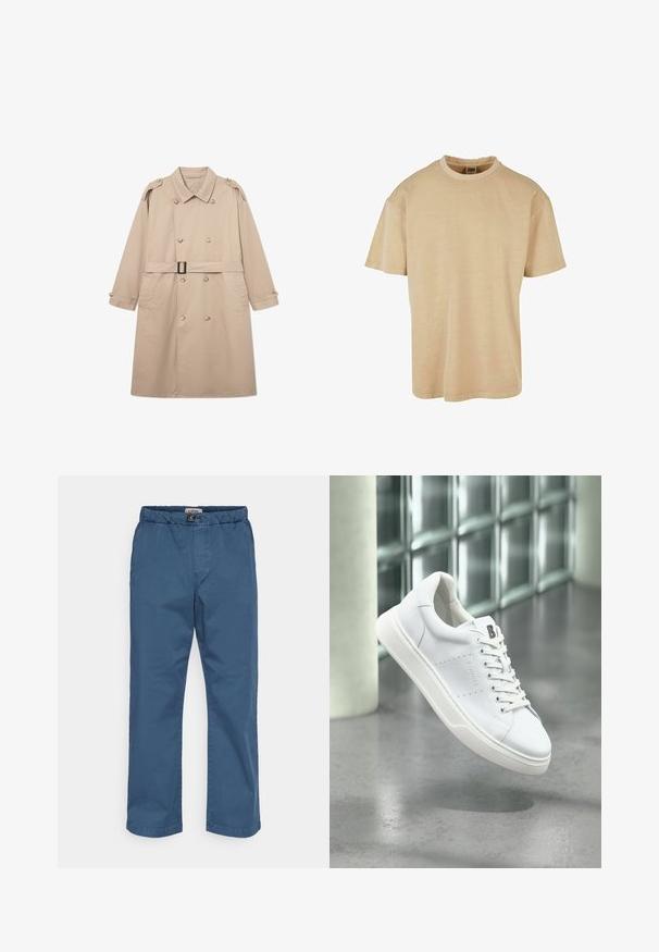 Gabardina beige con un frente de doble botonadura, amplio cuello, cinturón en la cintura y puños abotonados. Tejido liso con textura mínima.; Urban Classics OVERSIZED GARMENT DYE TEE - Camiseta básica - unionbeige; Pantalones chinos de algodón azul oscuro. Cuenta con una cinturilla elástica, piernas rectas y una textura suave. Sin patrones ni adornos visibles.; Zapatilla blanca de corte bajo con cordones, panel lateral perforado y logotipo "B" en la lengüeta, flotando sobre un suelo gris pulido cerca de bloques de vidrio.