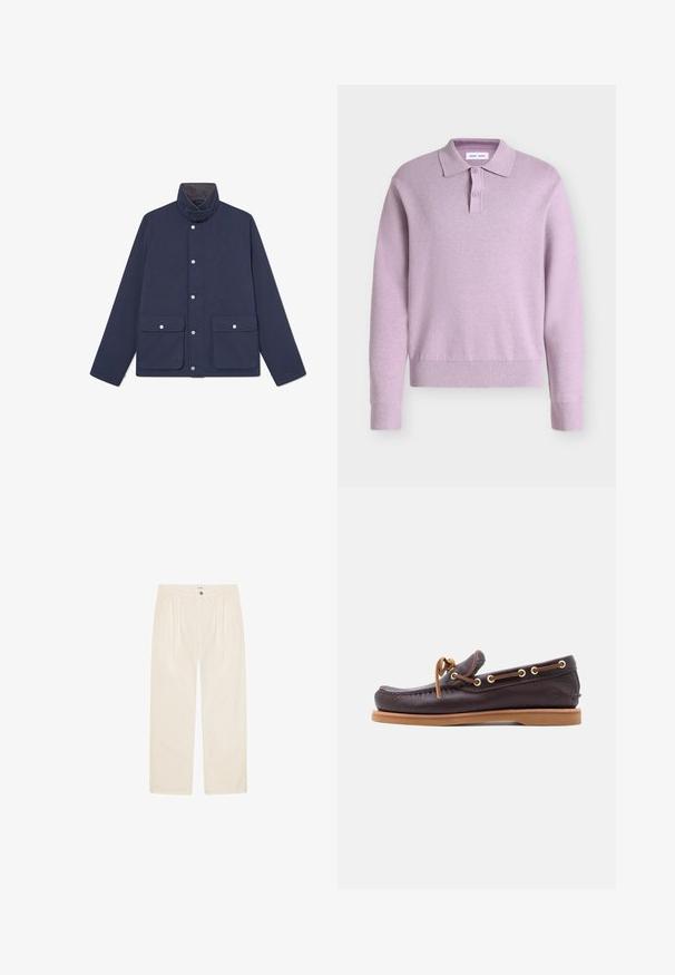 Chaqueta impermeable de color navy con un alto cuello, cierres a presión y dos bolsillos frontales. Textura suave y diseño recto.; Jersey de punto tipo polo lilas de manga larga con dos botones en la tapeta y puños y bajo acanalados sobre un fondo liso.; Pantalones beige de tela de algodón, con diseño de pierna recta, dos bolsillos delanteros y cierre con un solo botón en la cintura.; Zapato náutico de cuero marrón oscuro con ojales dorados y detalles cosidos, con un collar acolchado y suela de goma color canela para mayor agarre.
