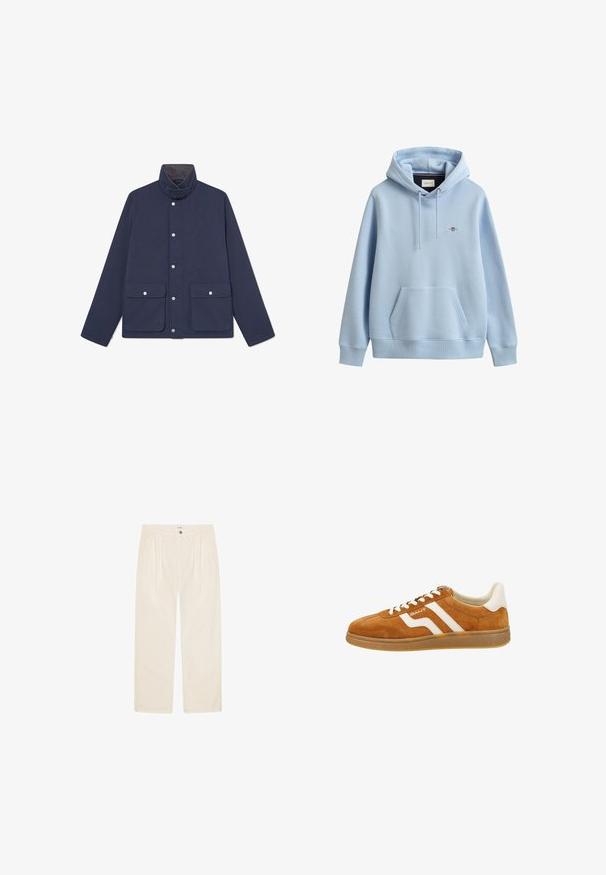Marine waterdichte jas met een hoge kraag, drukknopen en twee zakken aan de voorkant. Gladde textuur en rechtlijnig ontwerp.; Lichtblauwe hoodie met voorvak, verstelbare trekkoordkap, geribde boorden en zoom en een klein geborduurd logo op de borst.; Beige broek gemaakt van katoenen stof, met een rechte pijpvorm, twee voorzakken en een enkele knoopsluiting bij de tailleband.; Bruine suède sneakers met witte lederen accenten, voorzien van een laag profiel, ronde neus en contrasterende strepen aan de zijkant. Vetersluiting.