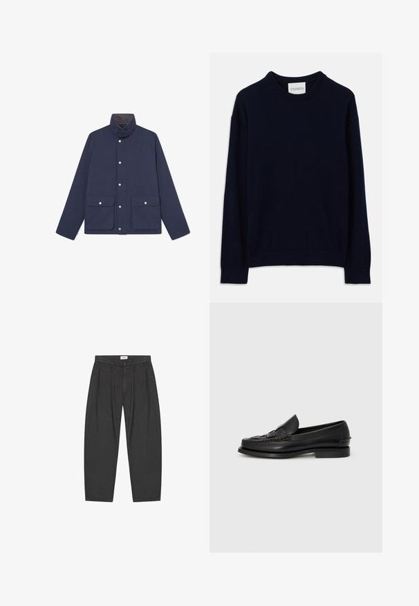 Marine waterdichte jas met een hoge kraag, drukknopen en twee zakken aan de voorkant. Gladde textuur en rechtlijnig ontwerp.; Marineblauwe langemouwen crewneck sweater met ribgebreide manchetten en zoom, met een klein wit label met "CLOSED" op de hals.; Zwarte hoge taille plissé broek met zijzakken, riemlussen en knoopsluiting, plat gelegd op een witte achtergrond.; Zwarte leren instapschoenen met een geweven detail aan de voorkant, een ronde neus en een lage hak. Glad textuur en minimalistisch ontwerp.
