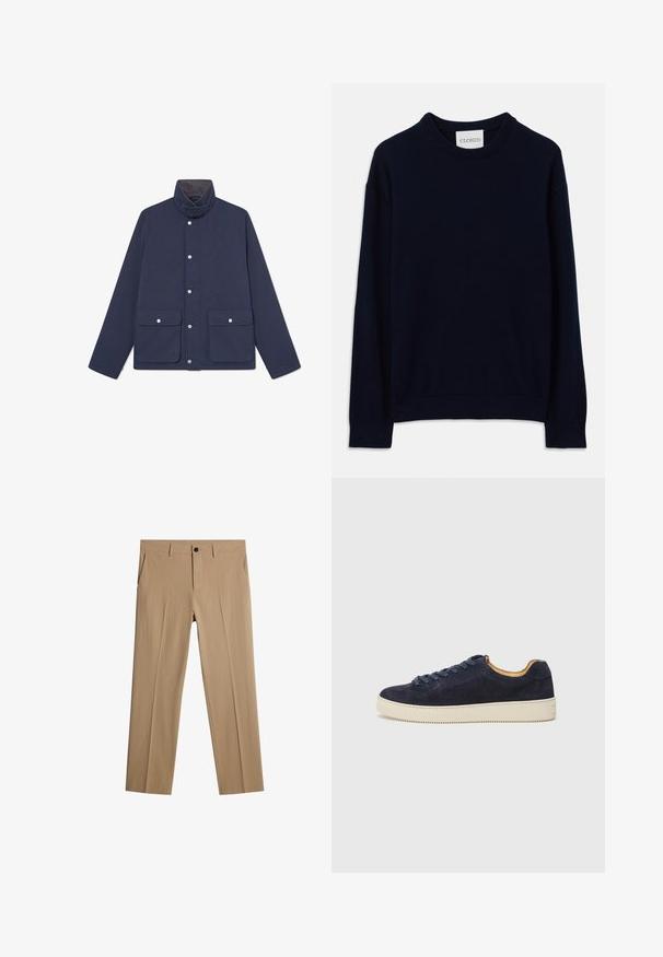 Marineblå vandtæt jakke med høj krave, trykknaplukninger og to forlommer. Glat tekstur og lige snit.; Mørkeblå langærmet crewneck sweater med ribbede manchetter og kant, der har et lille hvidt mærke med "CLOSED" ved halsen.; Beige bukser lavet af tekstureret stof med en afslappet pasform. Har en frontknaplukning, sidelommer og ingen synlige mønstre.; Marineblå ruskinds lav-top sneaker med rund tå, off-white gummisål og matchende snørebånd; har en kontrasterende tan indvendig foring.