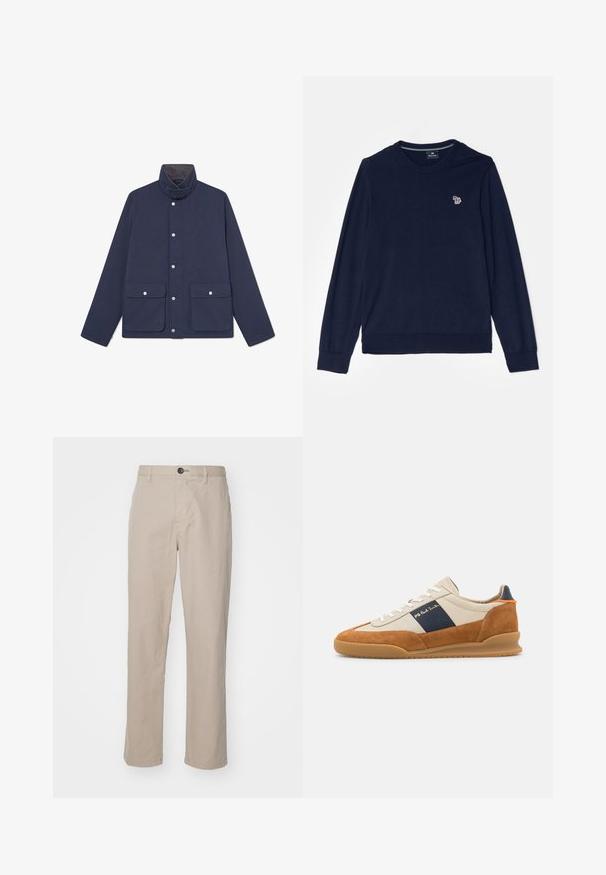 Marine waterdichte jas met een hoge kraag, drukknopen en twee zakken aan de voorkant. Gladde textuur en rechtlijnig ontwerp.; PS Paul Smith MEN SWEATER CREW NECK - Trui - dark blue; Beige rechtlopende broek van lichtgewicht stof, met een knoopsluiting en subtiele stikdetails. Platte voorkant met zijzakken.; PS Paul Smith DOVER - Sneakers laag - cognac/off-white