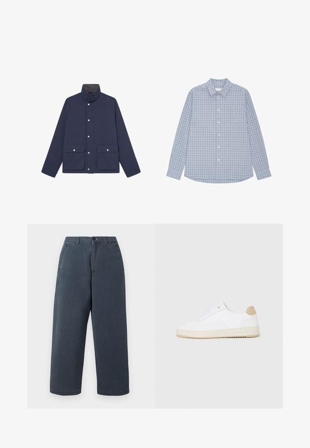Chaqueta impermeable de color navy con un alto cuello, cierres a presión y dos bolsillos frontales. Textura suave y diseño recto.; Camisa de manga larga con patrón de cuadros azul y blanco y un solo bolsillo en el pecho, extendida sobre un fondo blanco.; Pantalones de pierna ancha en azul marino, confeccionados en algodón con un acabado texturizado. Cuentan con trabillas para cinturón y bolsillos laterales. Corte recto con bordes dobladillados.; Zapatillas bajas blancas con parte superior de cuero texturizado, suela de crema estriada y acento de talón en color tostado. Presentan cordones blancos y detalle del logotipo en el talón.