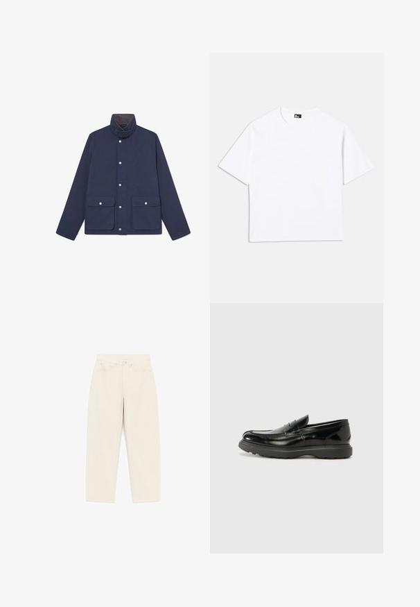 Marine waterdichte jas met een hoge kraag, drukknopen en twee zakken aan de voorkant. Gladde textuur en rechtlijnig ontwerp.; Witte t-shirt met korte mouwen, gemaakt van katoen. Heeft een klassieke ronde hals, een relaxte pasvorm en vertoont geen zichtbare patronen of graphics.; Beige rechte broek met hoge taille, voorzien van een knoopsluiting aan de voorkant, riemlussen, twee steekzakken aan de voorkant en twee zakken aan de achterkant.; Zwarte leren instapper met een glanzende afwerking, een ronde neus, subtiele stiksels en een dikke rubberen zool voor duurzaamheid.
