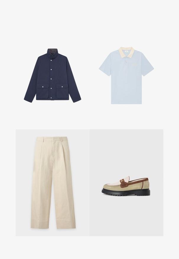 Marine waterdichte jas met een hoge kraag, drukknopen en twee zakken aan de voorkant. Gladde textuur en rechtlijnig ontwerp.; Lichtblauw poloshirt met korte mouwen, beige kraag en twee knopen, voorzien van een subtiel geborduurd logo op de linkerborst.; Beige broek met wijde pijpen, riemlussen, plooien aan de voorkant en een verborgen sluiting aan de voorkant.; Loafer met beige, lichtroze en bruine suède panelen, gouden metalen gespaccent, en dikke zwarte rubberen zool met profiel.