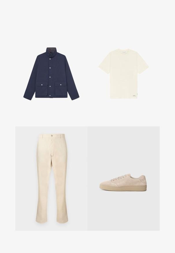 Chaqueta impermeable de color navy con un alto cuello, cierres a presión y dos bolsillos frontales. Textura suave y diseño recto.; Camiseta de manga corta color blanco roto con cuello redondo y pequeño logo verde "Les Deux" cerca del dobladillo inferior en la parte delantera.; Pantalones beige hechos de una tela suave, con una silueta de pierna recta, cierre frontal con botones y sin patrones o detalles visibles.; Zapatilla de ante beige con punta redondeada, cordones planos y suela de goma texturizada. Diseño minimalista con bordes suaves y costuras sutiles.