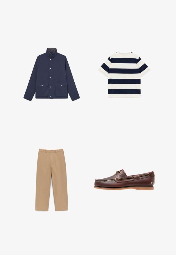 Chaqueta impermeable de color navy con un alto cuello, cierres a presión y dos bolsillos frontales. Textura suave y diseño recto.; Camiseta de manga corta con cuello redondo y franjas horizontales anchas en azul marino y blanco, extendida sobre un fondo blanco.; Pantalones de pierna ancha en color beige con textura suave, cintura de altura media, trabillas para cinturón y dos bolsillos delanteros. Detalles de costura limpia y sin patrones.; Zapato náutico de cuero marrón con costuras blancas, detalles de cordones y suela de goma color coñac, mostrado de lado sobre un fondo blanco.