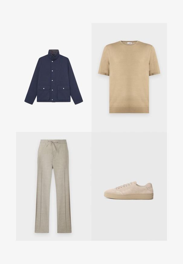 Chaqueta impermeable de color navy con un alto cuello, cierres a presión y dos bolsillos frontales. Textura suave y diseño recto.; Jersey de punto beige de manga corta con cuello redondo y borde acanalado, colocado plano sobre fondo blanco.; Pantalones beige de mezcla de lino con sutiles rayas blancas, cintura con cordón y piernas rectas.; Zapatilla de ante beige con punta redondeada, cordones planos y suela de goma texturizada. Diseño minimalista con bordes suaves y costuras sutiles.