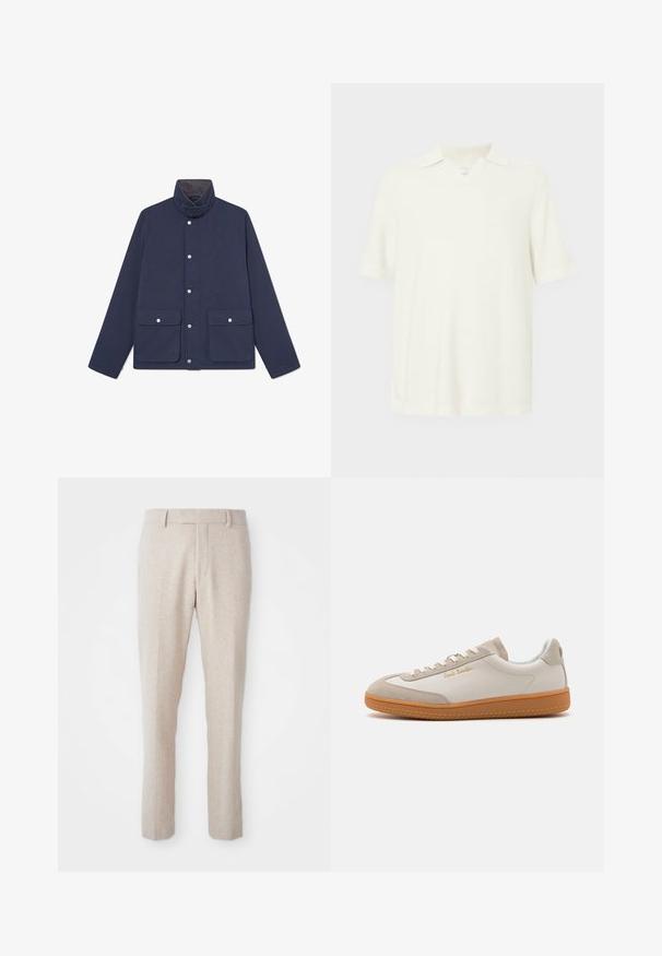 Marine waterdichte jas met een hoge kraag, drukknopen en twee zakken aan de voorkant. Gladde textuur en rechtlijnig ontwerp.; Korte mouwen polo-shirt, licht crèmekleurig, gemaakt van textuurstof, met een v-hals en een klassiek kraagontwerp.; Beige geweven broek met een rechte pasvorm, voorzien van een platte voorkant, riemlussen en zonder zichtbare patronen of hardwaredetails.; Witte en beige lage sneakers met een gumrubberen zool, witte veters, suède details en een gouden "Paul Smith" logo aan de zijkant.