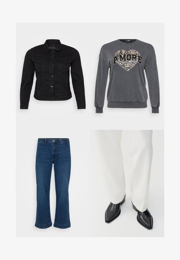 Schwarze Denimjacke mit klassischem Kragen, vorderem Knopfverschluss, zwei Brusttaschen und Stickdetails.; Grauer Pullover mit langen Ärmeln, gerippten Bündchen und rundem Halsausschnitt. Mit einem Leopardenmuster-Herz und dem Wort "AMORE" in fettem schwarzen Text.; Hochtaillierte blaue Jeans mit geradem Bein und ausgestelltem Saum, aus Denim gefertigt. Verfügt über ein klassisches Fünf-Taschen-Design und einen Metallknopfverschluss.; Schwarze spitz zulaufende Stiefeletten aus glattem Leder mit flachen Blockabsätzen, kombiniert mit weißen, weiten Hosen. Schlichtes und modernes Design.