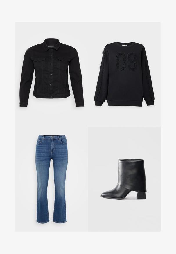 Sort denimjakke med klassisk krave, frontknaplukning, to brystlommer og stikninger.; Sort sweatshirt med lange ærmer med tekstureret nummer 09 på forsiden og blonde detaljer, der løber ned ad begge ærmer.; ONLY Carmakoma Straight fit CARWILLY Mid waist - Jeans Straight Leg - dark blue denim; Sort læder ankelstøvle med spids tå, glat tekstur og en struktureret blokhæl. Har et højt, foldet kravedesign.