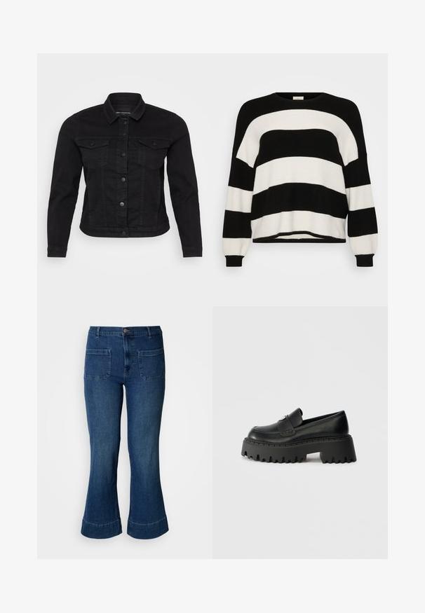 Sort denimjakke med klassisk krave, frontknaplukning, to brystlommer og stikninger.; Stribet sort-hvid strikket sweater med rund hals, lange ærmer, ribbede manchetter og blød tekstur, med vekslende brede striber.; Blå denimjeans med vide ben, forlommer med lapper, bæltestropper og knaplukning i taljen.; Sort læderloafer med en tyk, klodset gummisål, der har en tandet kant og en enkelt dekorativ hardwaredetalje på overdelen.