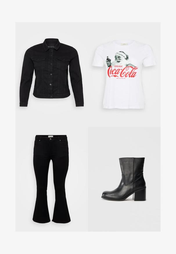 Zwart denim jack met een klassieke kraag, sluiting met knopen aan de voorkant, twee borstzakken en stikdetails.; Witte katoenen T-shirt met een vintage Santa Claus-graphic die een Coca-Cola-fles vasthoudt, met rode tekst "DRINK Coca-Cola."; Zwarte flare jeans van zachte denim, met een aansluitende taille, voorzakken en een flared zoom voor een ontspannen pasvorm.; Zwarte leren enkellaars met een afgeronde neus, zijkantnaaddetails en een chunky blokhak. Soepele textuur en minimalistisch ontwerp.