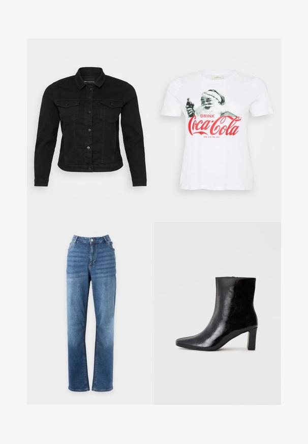Zwart denim jack met een klassieke kraag, sluiting met knopen aan de voorkant, twee borstzakken en stikdetails.; Witte katoenen T-shirt met een vintage Santa Claus-graphic die een Coca-Cola-fles vasthoudt, met rode tekst "DRINK Coca-Cola."; Blauwe straight-leg spijkerbroek met knoop- en ritssluiting, voor- en achterzakken, weergegeven op een effen witte achtergrond.; Zwarte enkellaars gemaakt van glanzend leer, met een puntige neus en een gemiddelde blokhak, voorzien van een gladde textuur en een eenvoudig ontwerp.