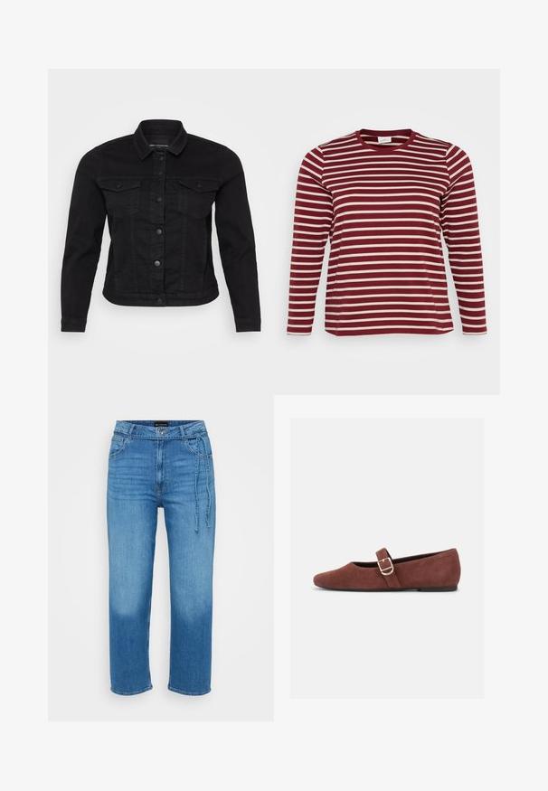 Zwart denim jack met een klassieke kraag, sluiting met knopen aan de voorkant, twee borstzakken en stikdetails.; Bordeaux lange mouwen shirt met horizontale crèmekleurige strepen, ronde halslijn, zachte katoen materiaal en een ontspannen pasvorm.; Lichtblauwe denim jeans met een ontspannen pasvorm, rechte pijpen, een middelhoge taille en een verstelbaar touwdetail aan de voorkant. Glad textuur.; Bruine suède Mary Jane platte schoen met een gouden gespsluiting en zwarte zool op een witte achtergrond.