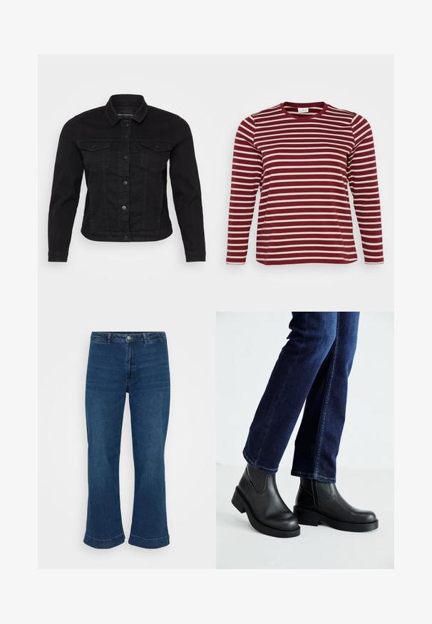 Sort denimjakke med klassisk krave, frontknaplukning, to brystlommer og stikninger.; Maroonslangærmet skjorte med horisontale cremede striber, rund halsudskæring, blødt bomuldsmateriale og en afslappet pasform.; Højtaljede blå jeans med lige ben og bred kant, lavet af denim. Har et klassisk fem-lomme design og lukning med metalknap.; Sorte læder ankelstøvler med en kraftig sål og elastiske sider, parret med mørkeblå jeans. Gulvet er lysfarvet.