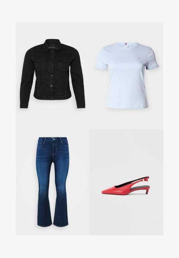 Schwarze Denimjacke mit klassischem Kragen, vorderem Knopfverschluss, zwei Brusttaschen und Stickdetails.; Hellblaues T-Shirt mit kurzen Ärmeln und Rundhalsausschnitt mit kleinem Tommy Hilfiger-Logo auf der linken Brust vor einfarbigem Hintergrund.; Dunkelblaue ausgestellte Jeans aus Denim, mit Fünf-Taschen-Design, Reißverschluss mit Knopf und kontrastierenden Nähten entlang der Säume.; Rote Leder-Slingbacks mit spitzem Zehenbereich, ausgestattet mit einem kleinen Absatz und einer Schnallenakzentuierung am Riemen. Glatte Textur.